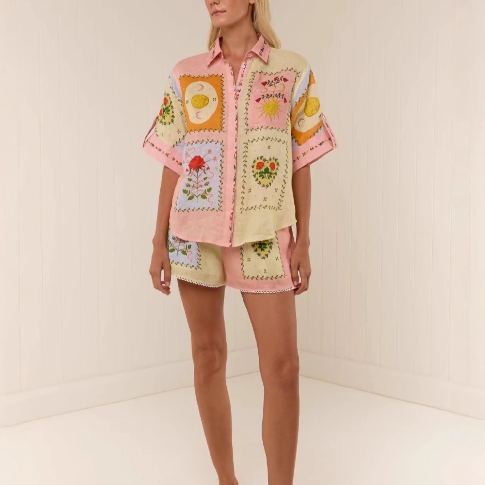 Zimmermann Pastel Patchwork Embroidered Short Set - Pink & Cream
